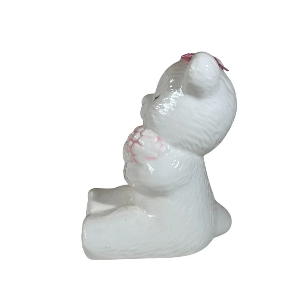 Loomco Original 1991 Ceramic Teddy Bear Pink Bow Holding Flowers Figurine RL722